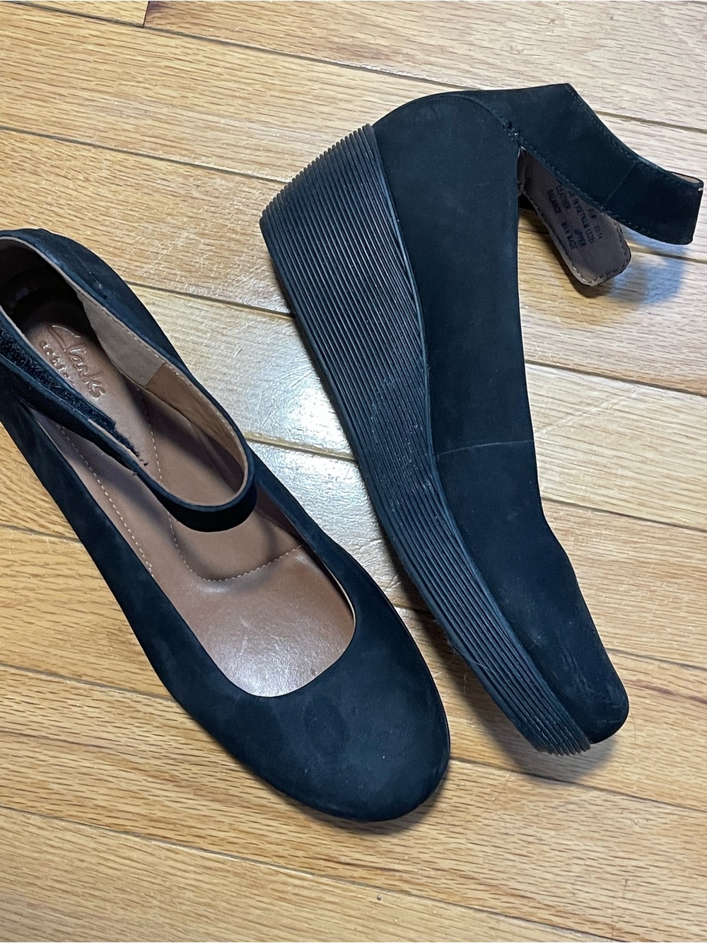 Clarks Black Suede Wedge Pumps